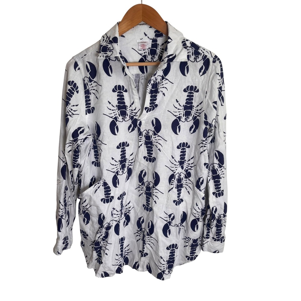 Sigrid Olsen Womens Small Linen Blend Lobster Print Tunic Shirt White Navy Blue